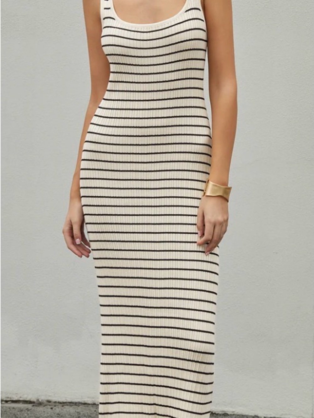Commense Cream and Black Striped Ribbed Maxi Dress